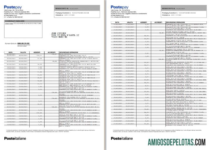 Modelo de extrato de cartão realista Itália Postepay Evolution (Poste Italiane), 7 páginas Scr